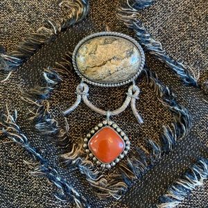 Sterling Silver Bali Suharto Red & Brown Jasper Dangle Pendant/Brooch Combo